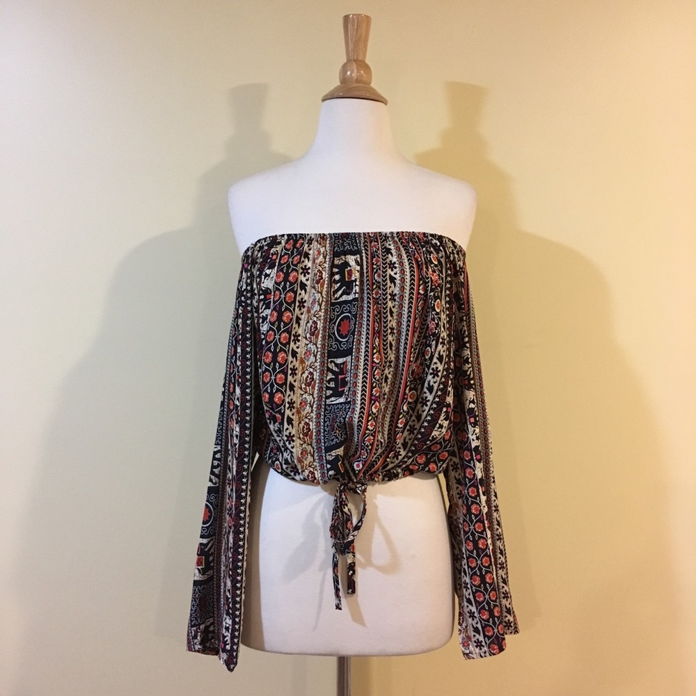 Boho Off Shoulder Floral Striped Cropped Tie Front Blouse - Picture 4 of 7